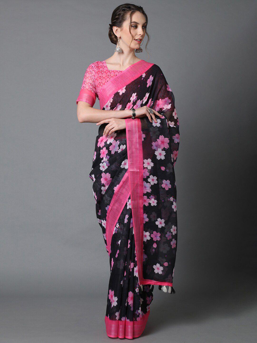 mitera black & pink floral linen blend saree