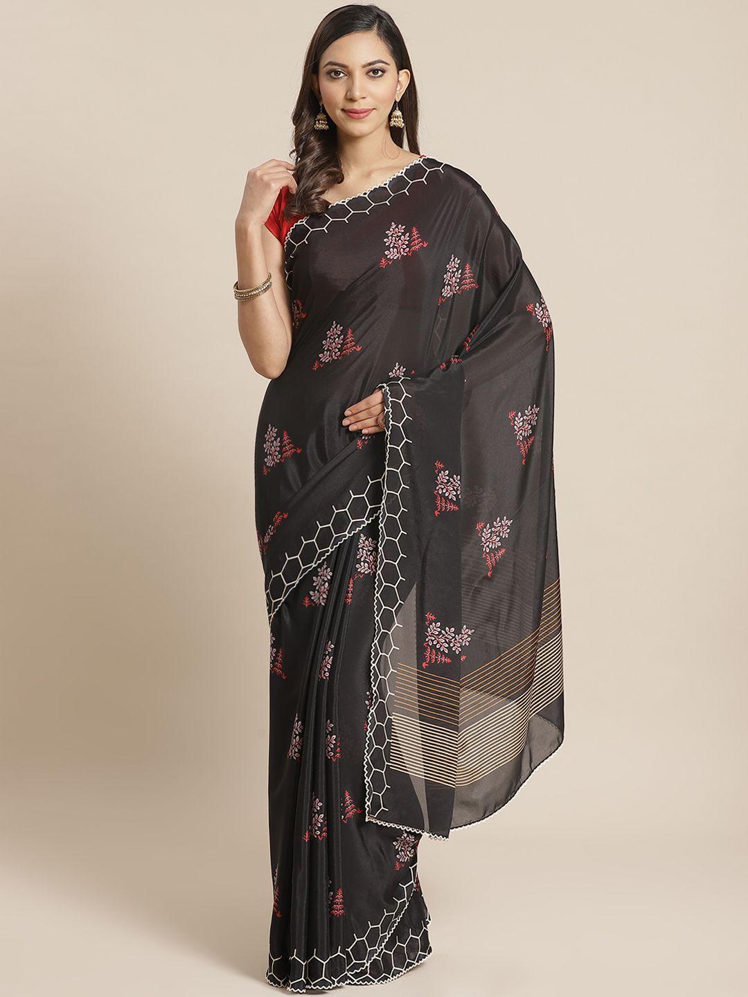 mitera black & pink floral printed saree