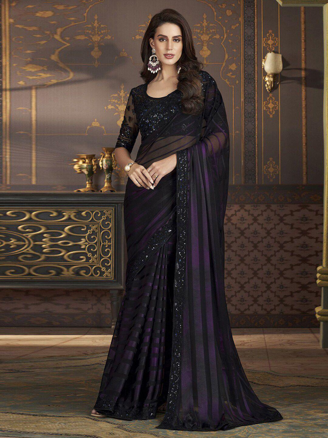 mitera black & purple striped sequinned pure chiffon leheriya saree