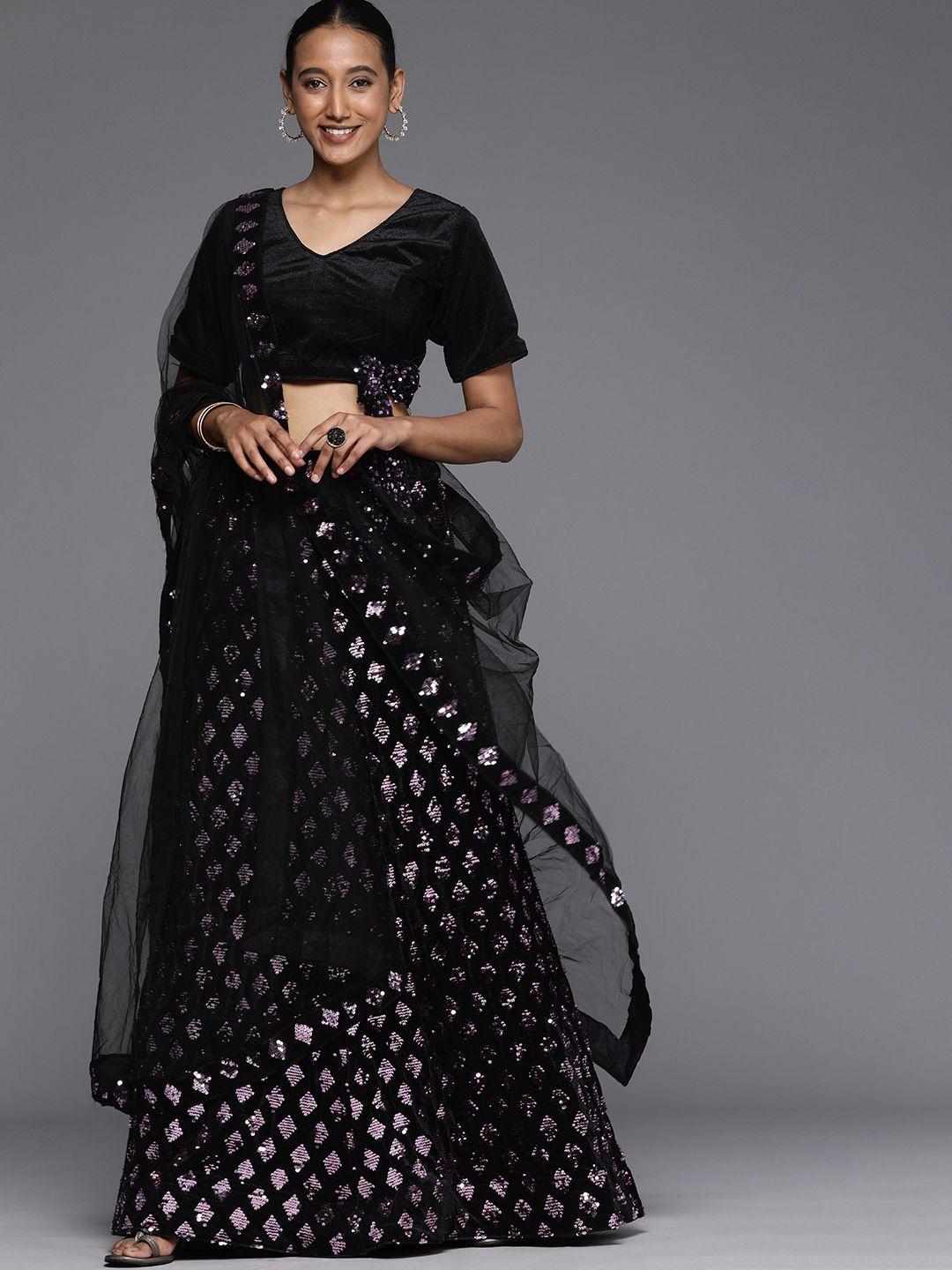 mitera black & purple velvet semi-stitched lehenga & unstitched blouse with dupatta