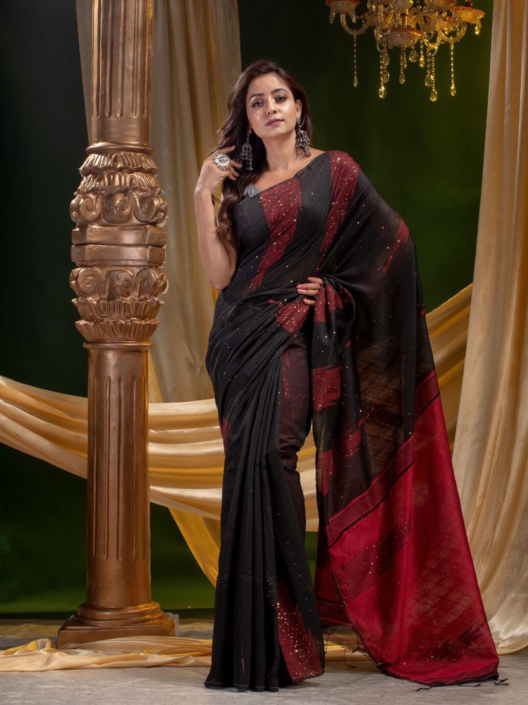 mitera black & red embellished sequinned silk cotton saree
