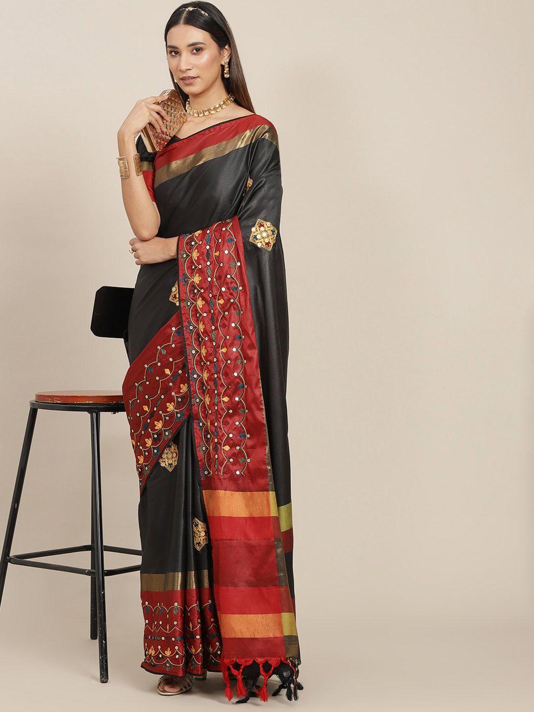mitera black & red ethnic motifs embroidered silk cotton saree