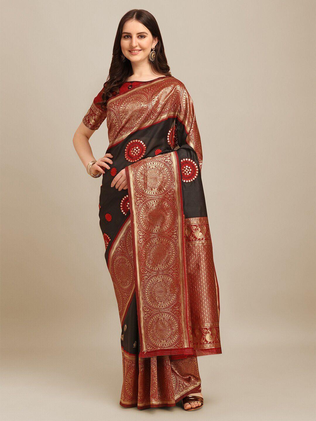 mitera black & red ethnic motifs kutchi embroidered zari banarasi jacquard saree