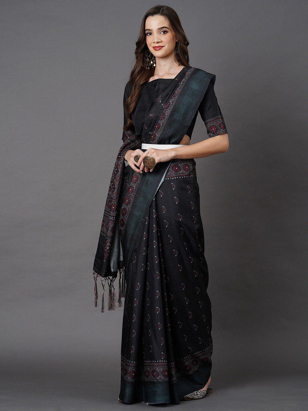 mitera black & red floral art silk saree