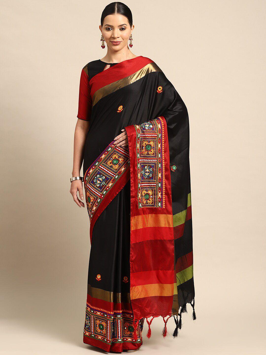 mitera black & red floral mirror work silk cotton banarasi saree