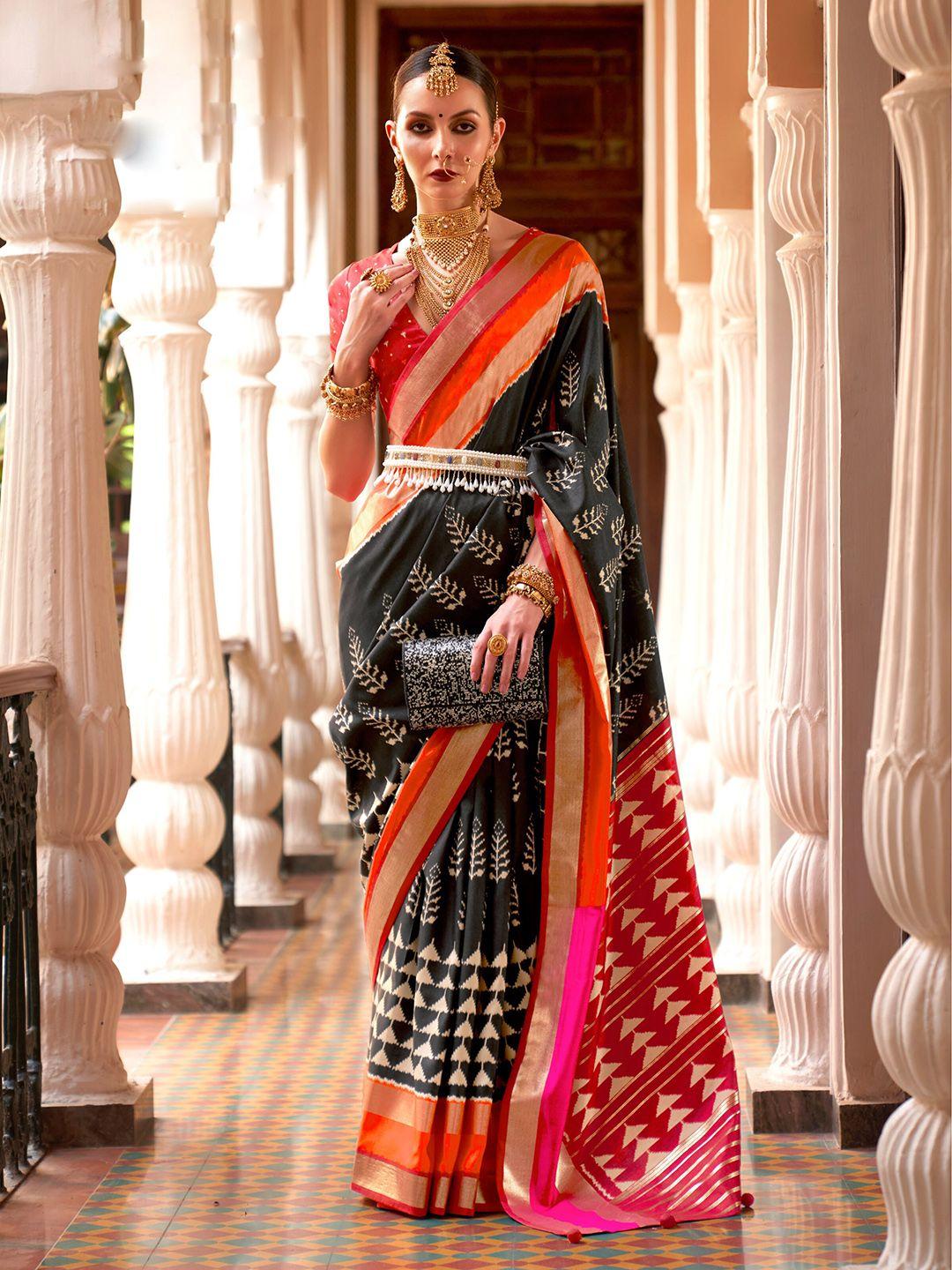 mitera black & red geometric printed zari patola saree