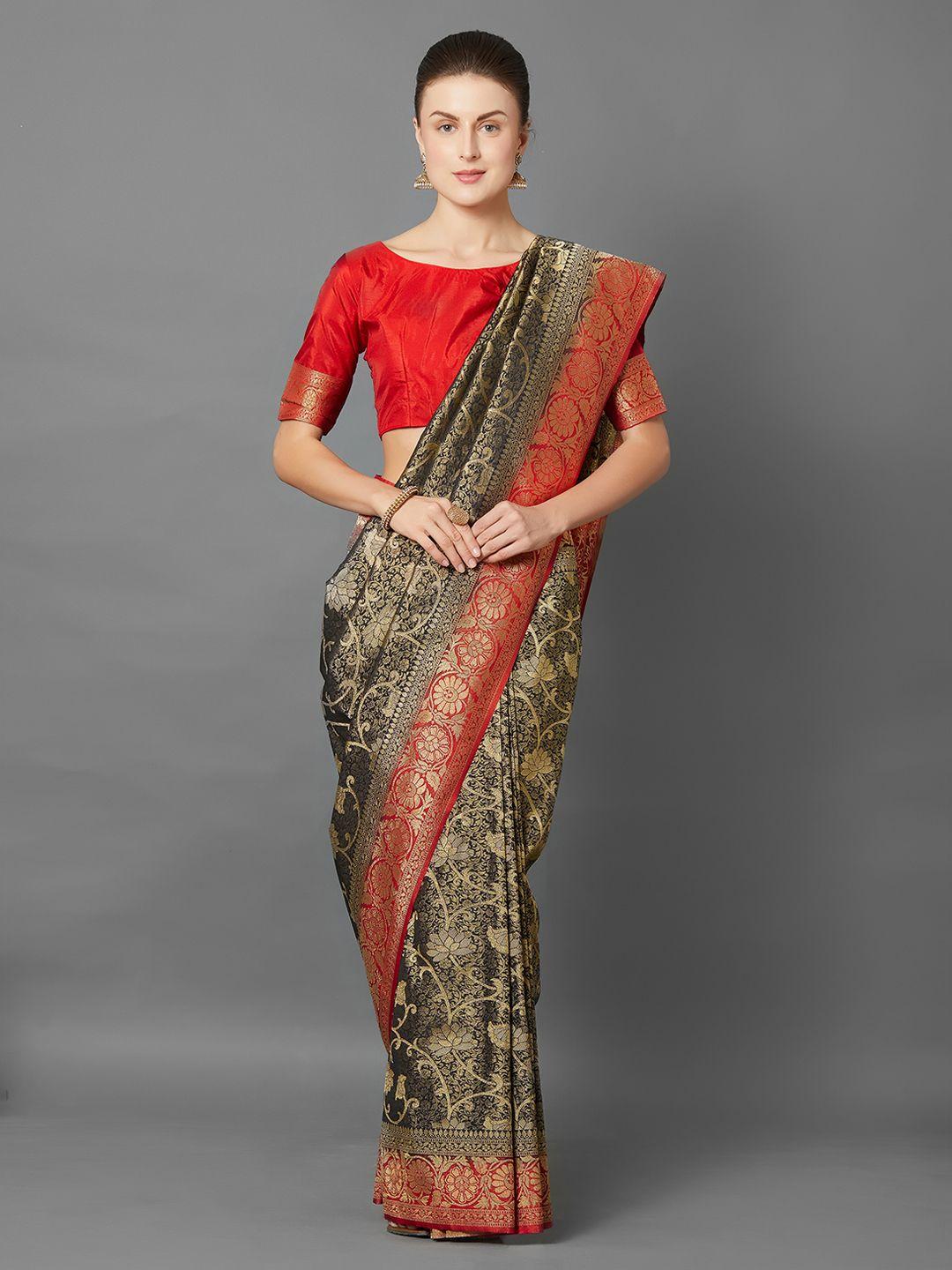 mitera black & red silk blend woven design banarasi saree