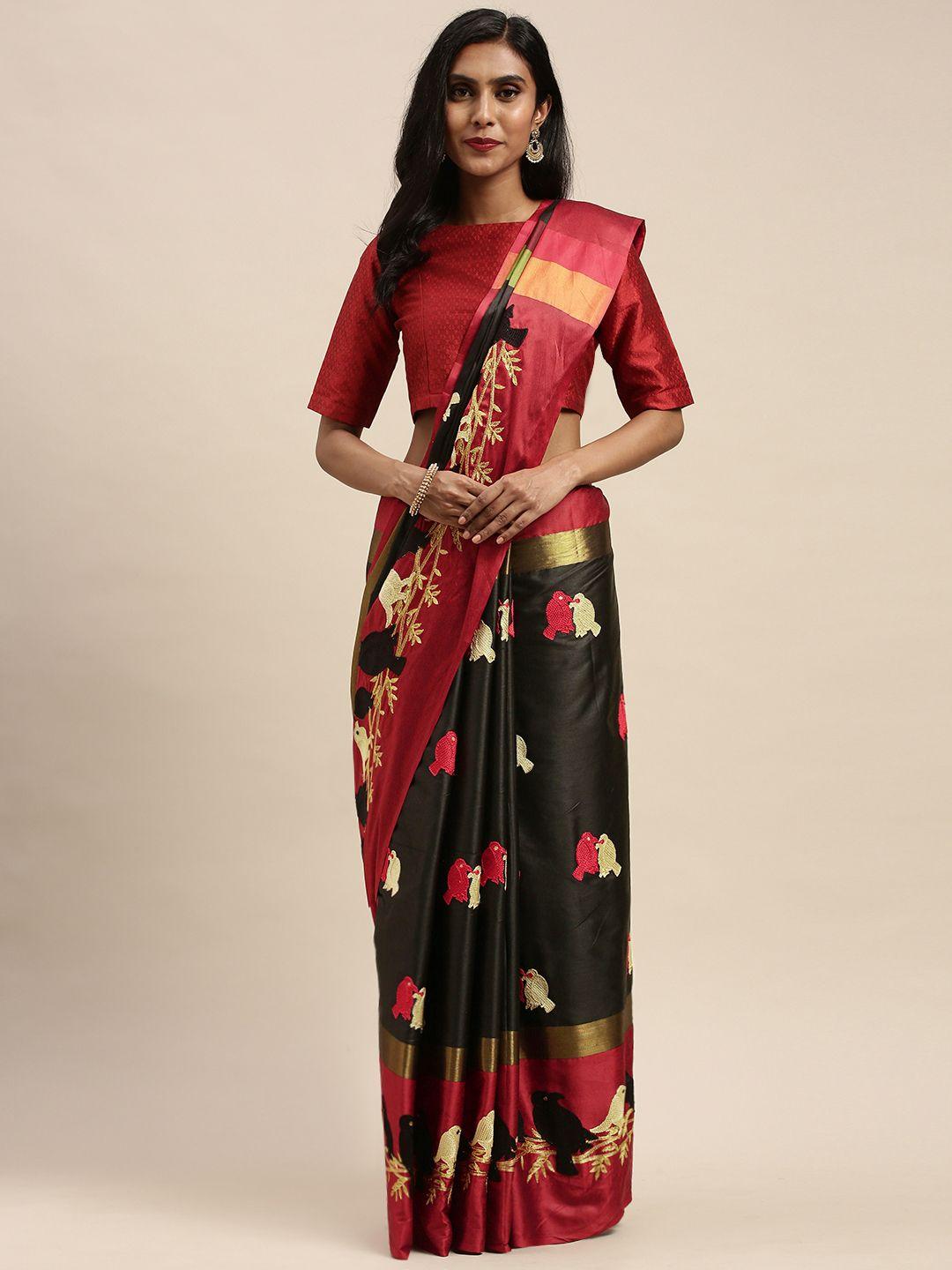 mitera black & red silk cotton embroidered saree