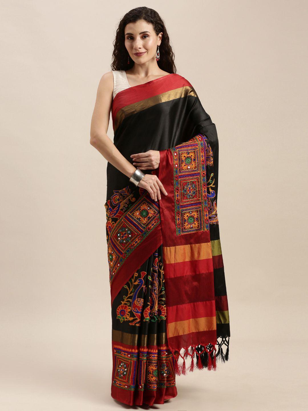mitera black & red silk cotton kutchi embroidered saree