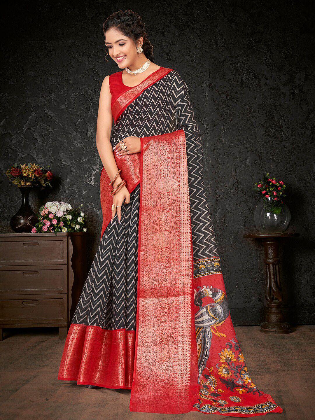 mitera black & red striped zari sungudi saree