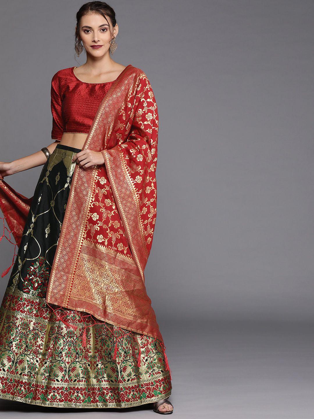 mitera black & red woven design semi-stitched lehenga & unstitched blouse with dupatta