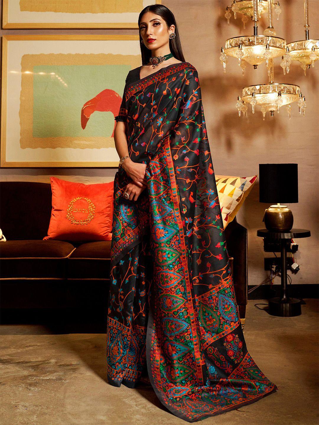 mitera black & red woven design silk blend banarasi saree