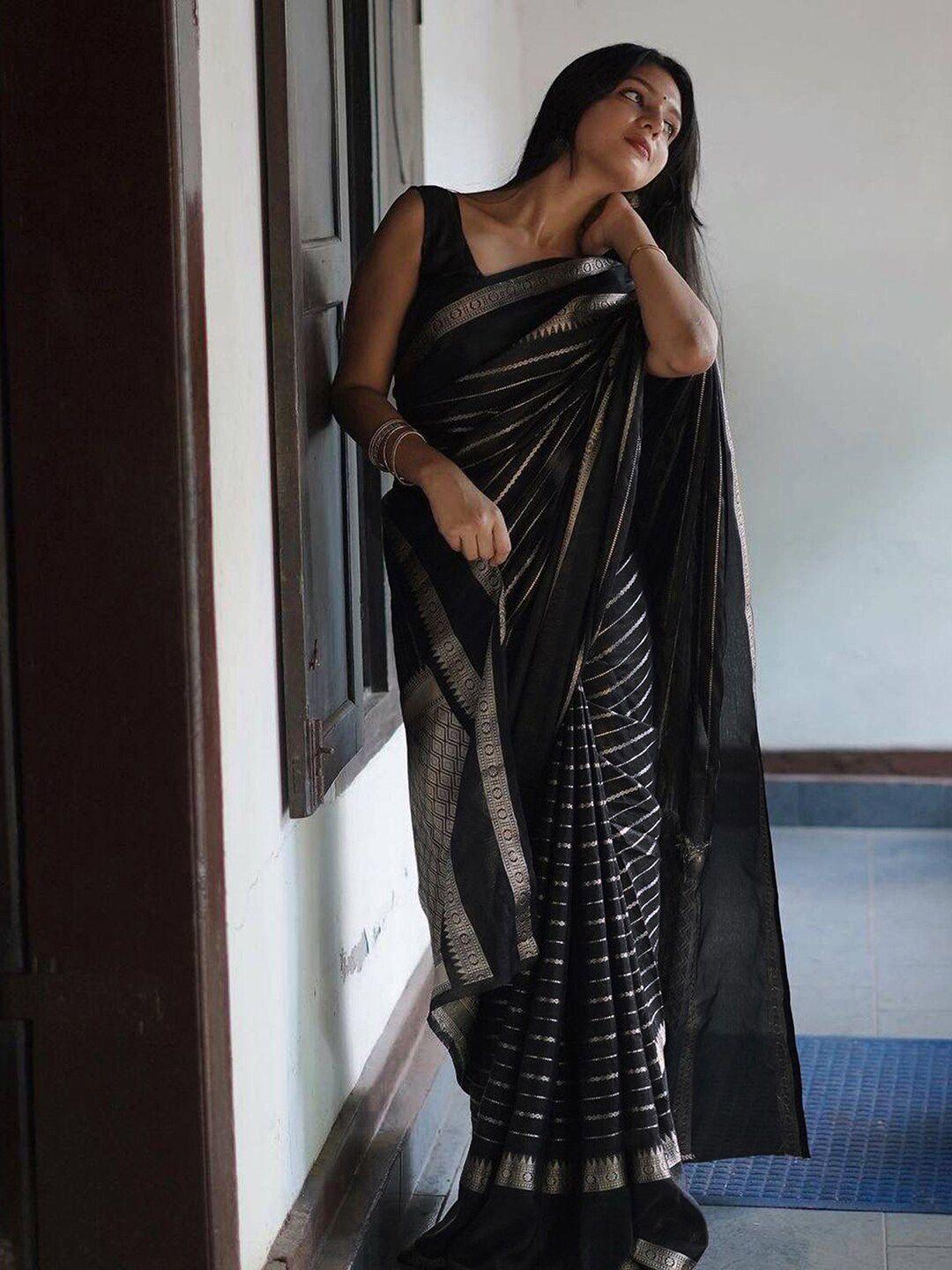 mitera black & silver toned striped zari saree