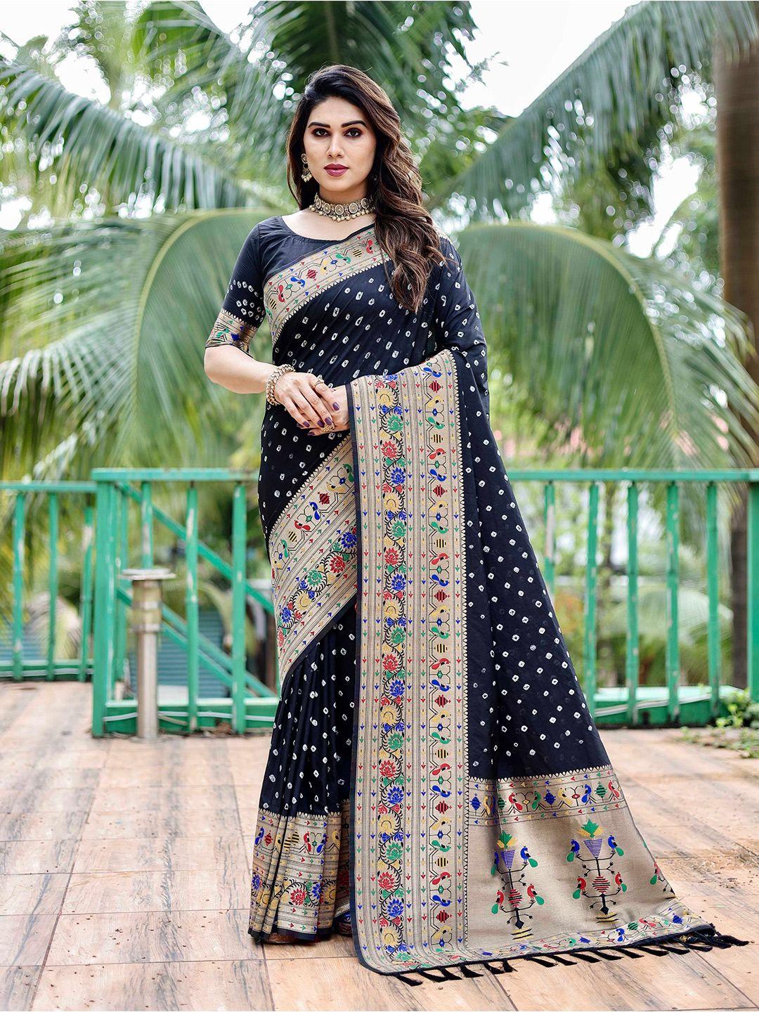 mitera black & white bandhani printed zari paithani saree