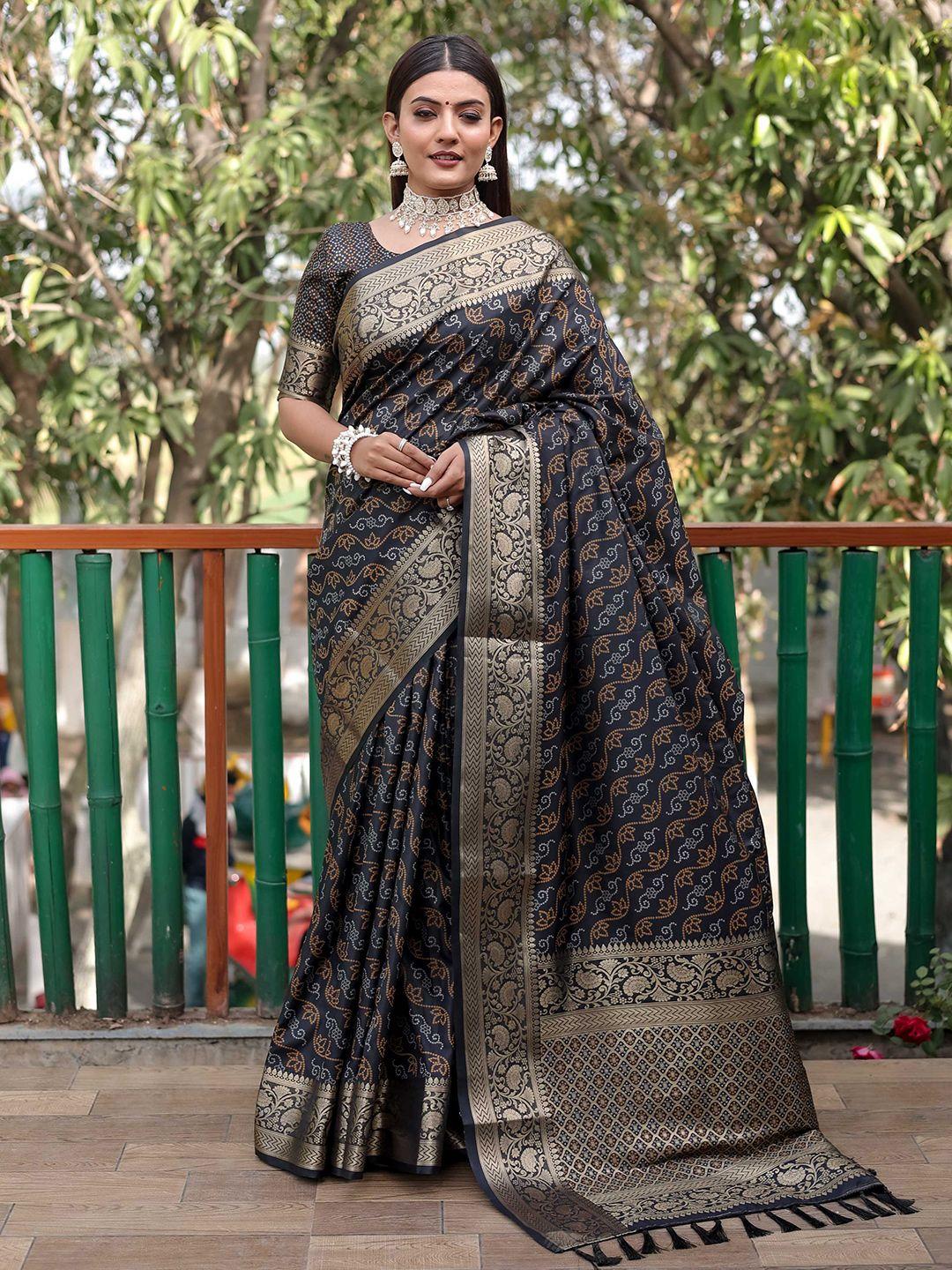 mitera black & white bandhani printed zari patola saree