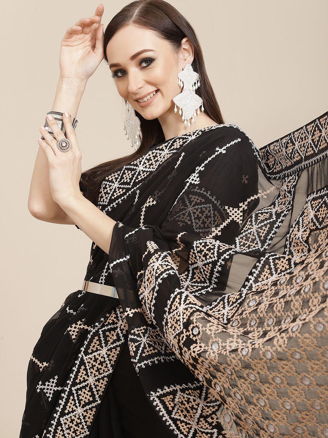 mitera black & white ethnic motifs sequinned pure georgette chanderi saree