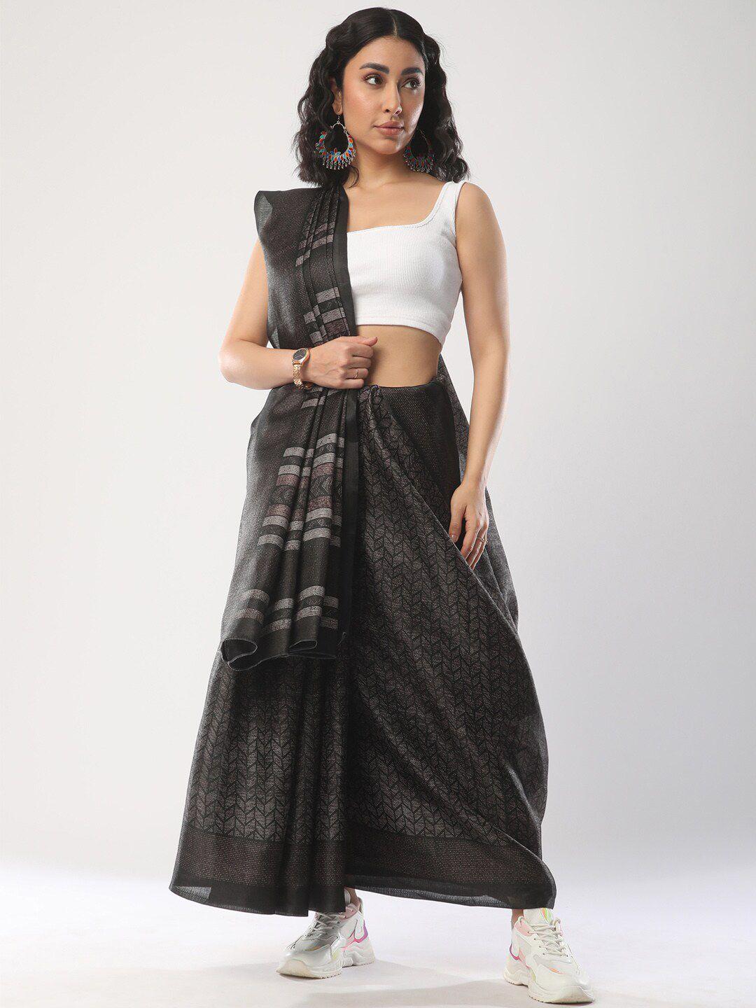 mitera black & white silk blend block print saree