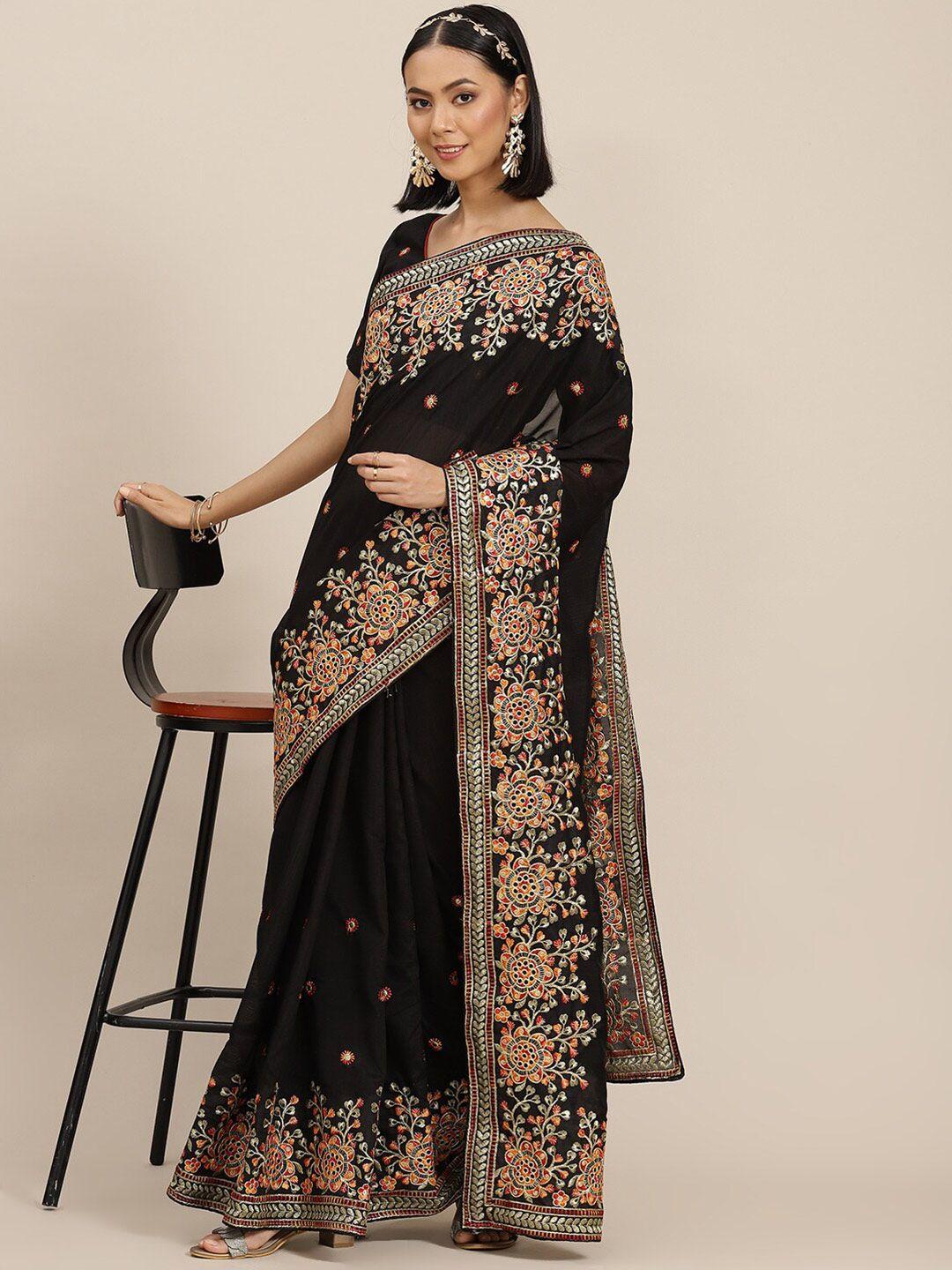 mitera black & yellow ethnic motifs embroidered pure georgette saree