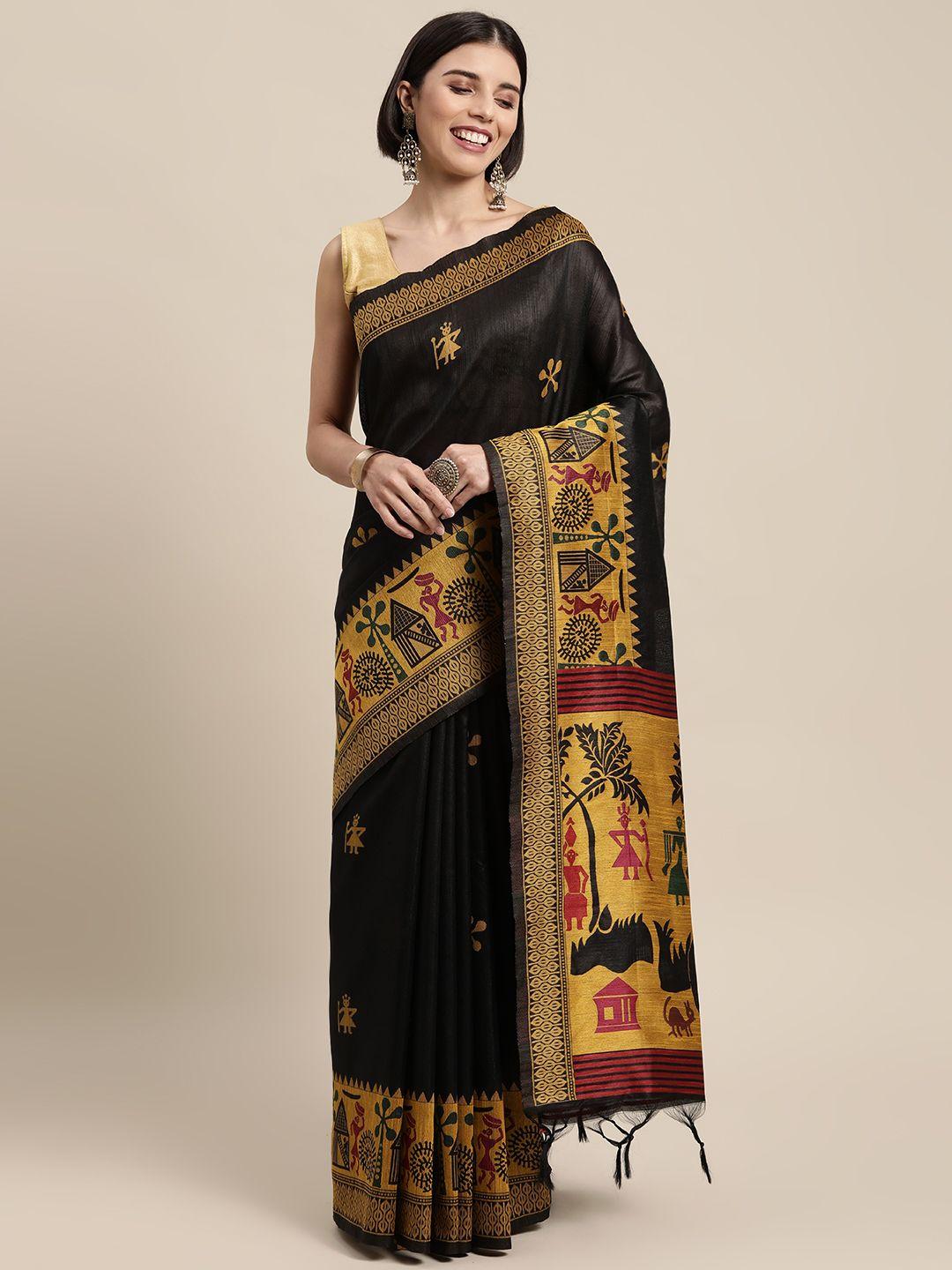 mitera black & yellow ethnic motifs silk blend saree