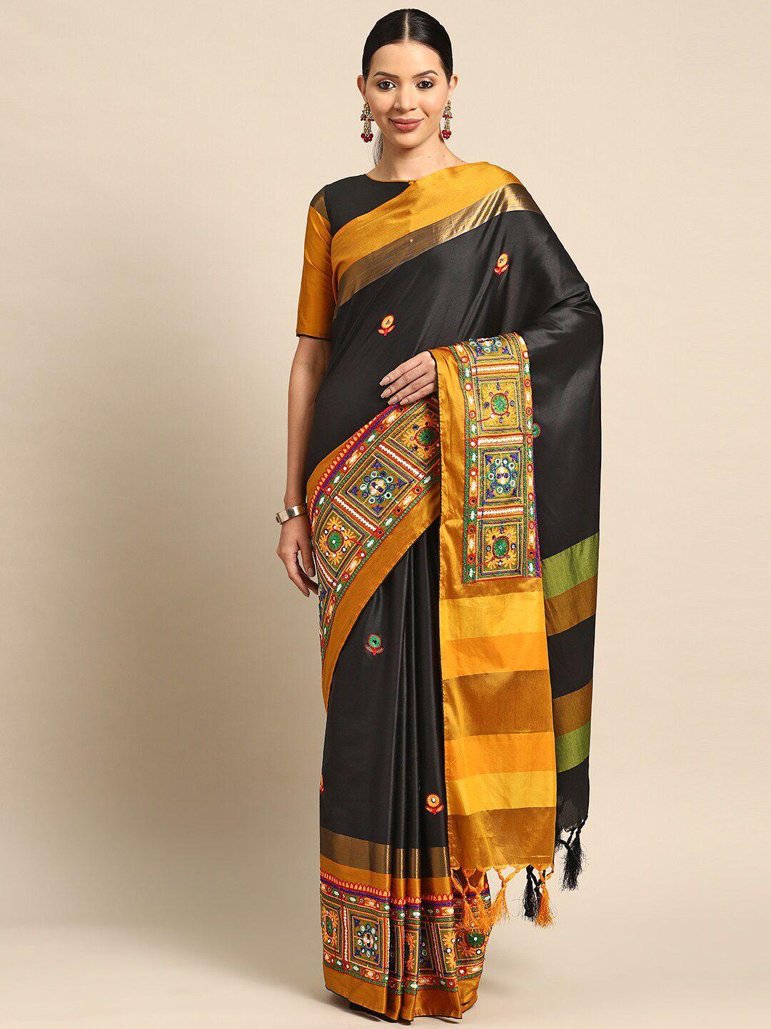 mitera black & yellow floral mirror work silk cotton banarasi saree
