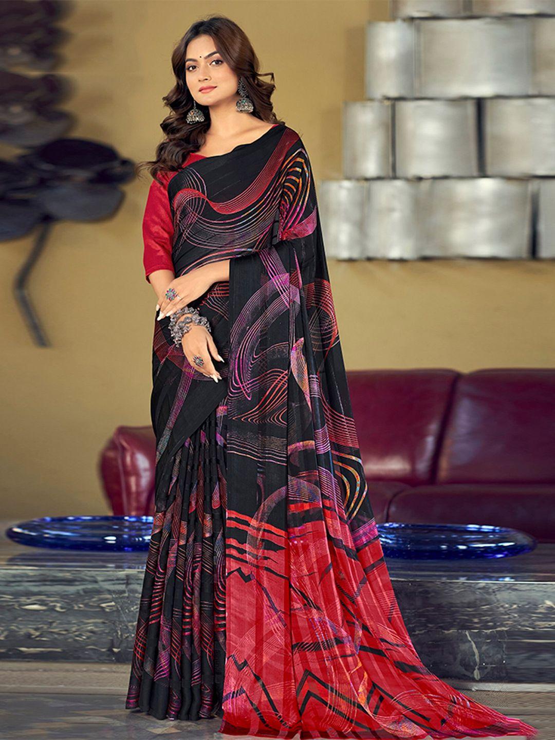 mitera black abstract printed satin saree