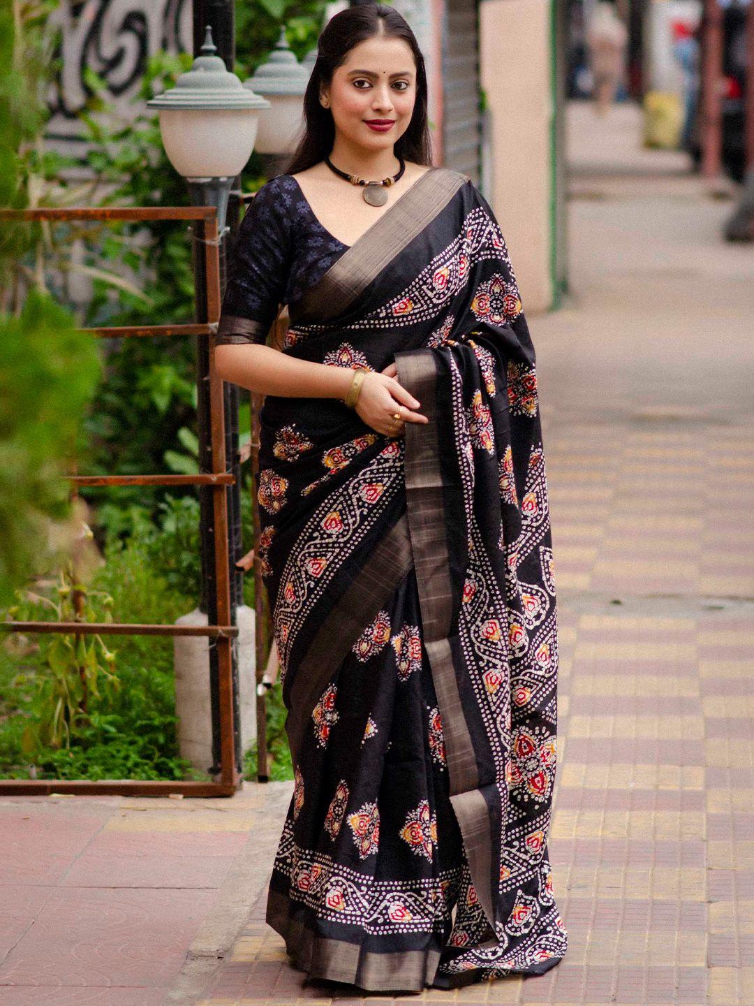 mitera black bandhani printed zari silk blend saree