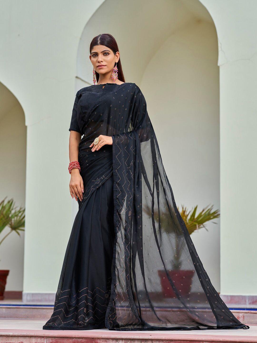 mitera black embellished beads and stones pure crepe designer saree