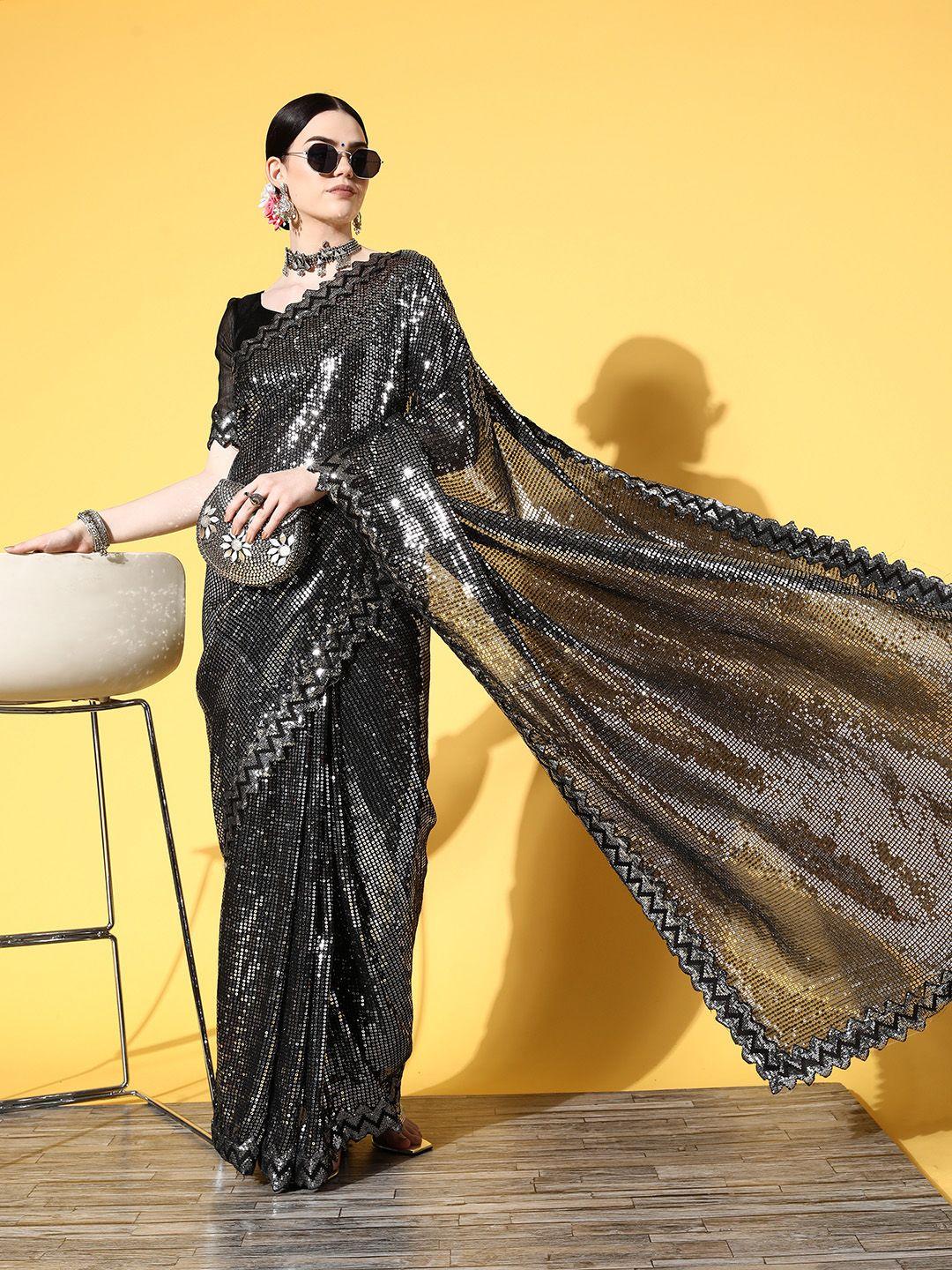 mitera black embellished sequinned saree