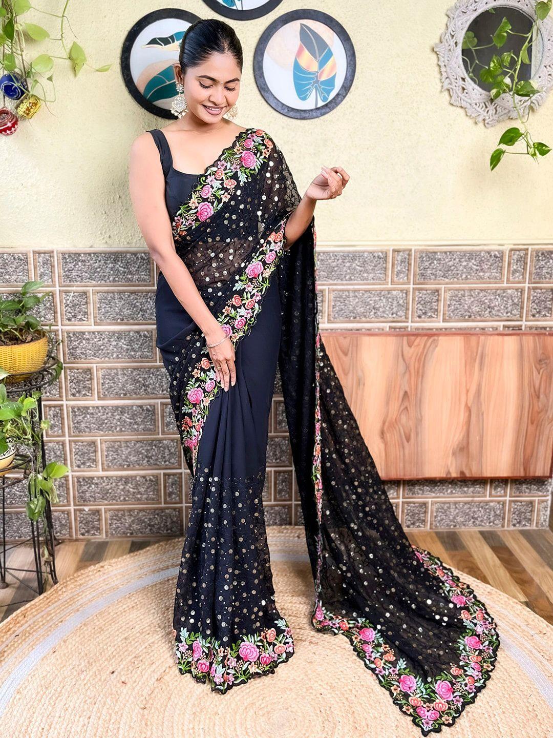 mitera black ethnic motifs embellished embroidered pure georgette saree