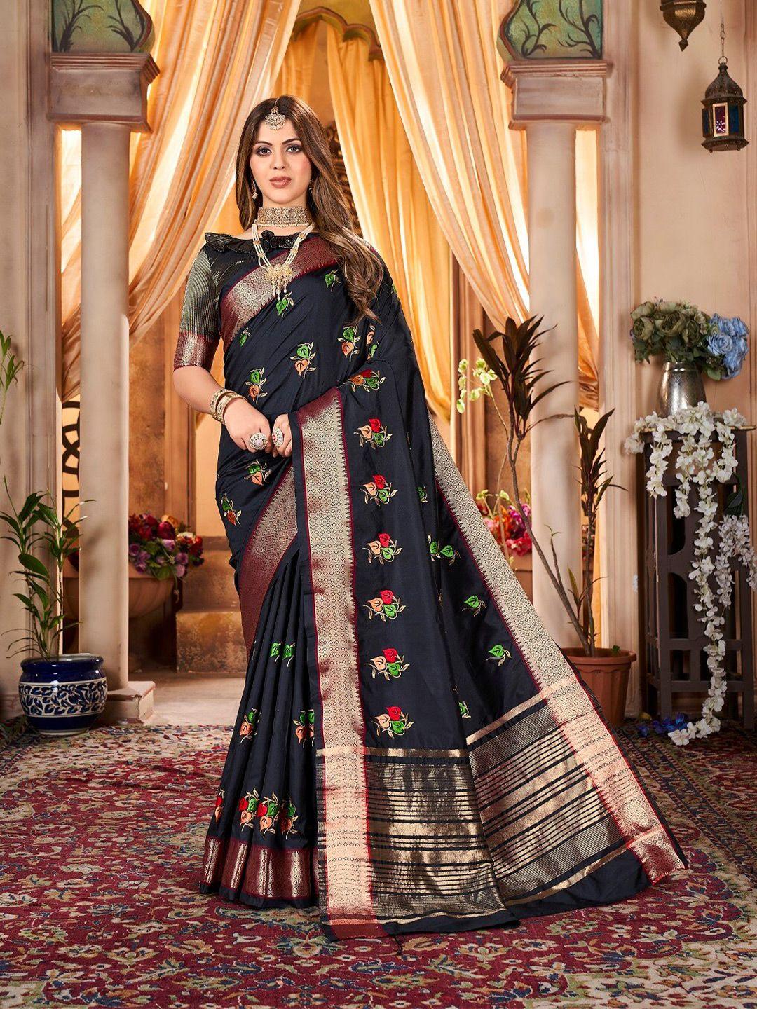 mitera black ethnic motifs embroidered saree