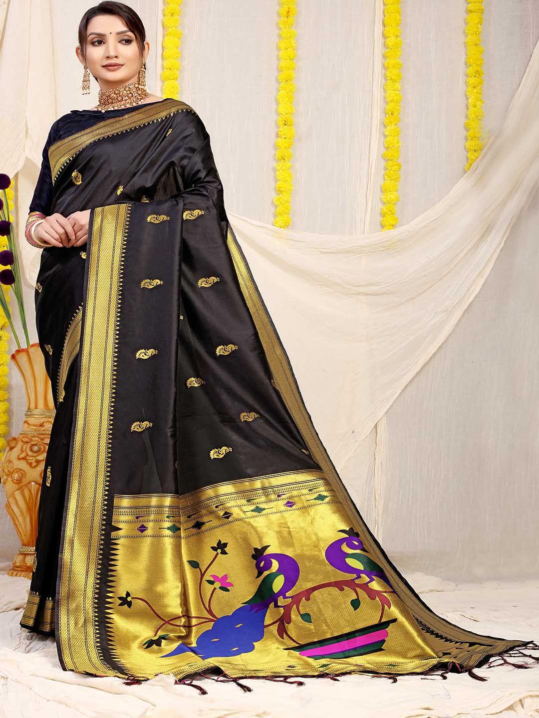 mitera black ethnic motifs woven design art silk saree