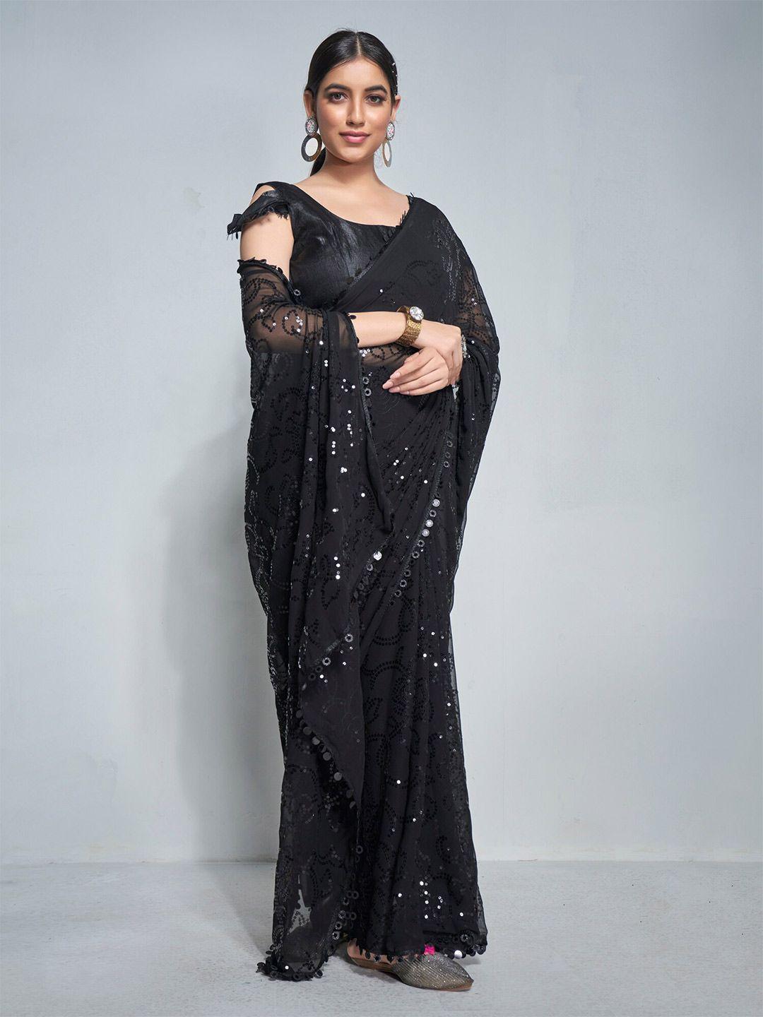 mitera black floral embellished sequinned pure georgette designer saree