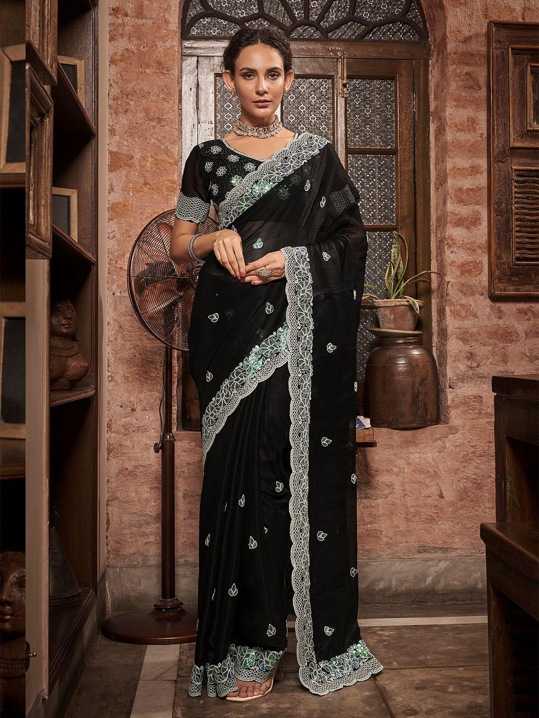 mitera black floral embroidered sequinned pure chiffon saree