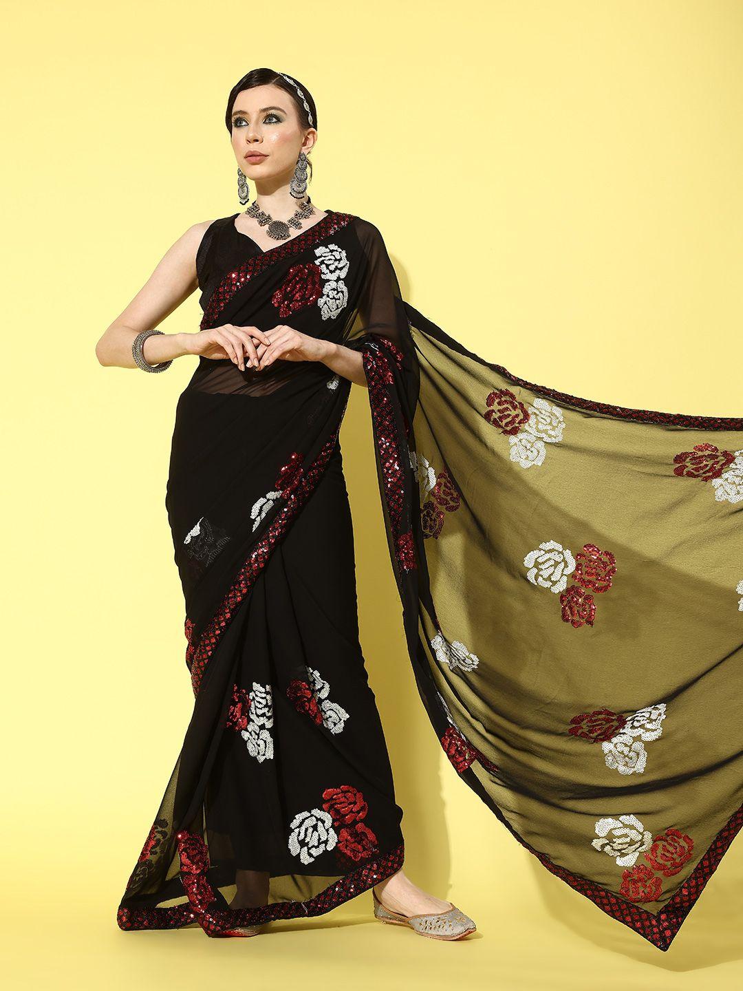 mitera black floral sequinned pure georgette saree