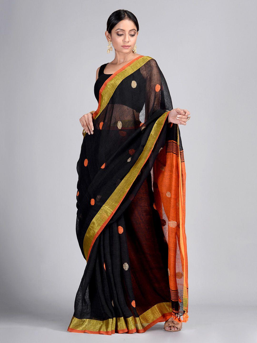 mitera black pure linen woven design taant saree