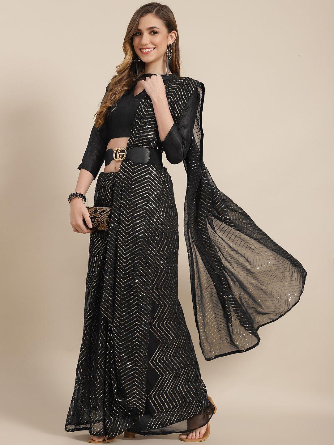 mitera black sequinned pure georgette heavy work saree