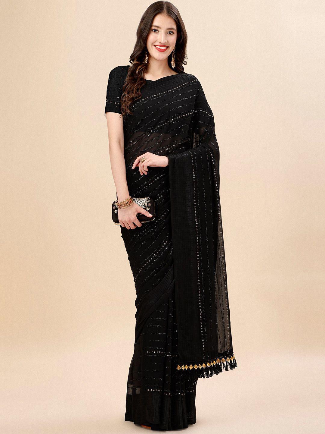 mitera black striped beads and stones pure chiffon saree