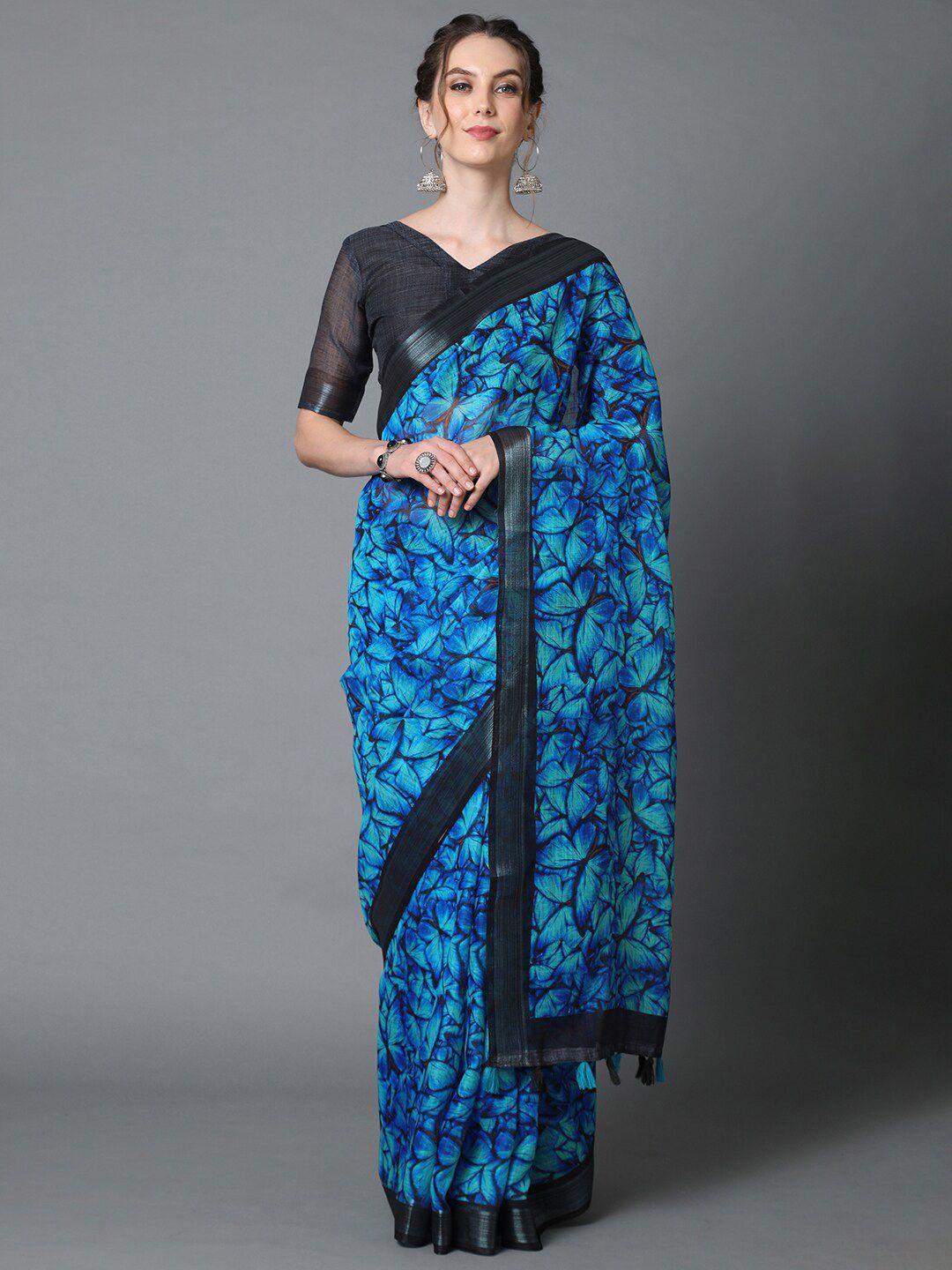 mitera blue & black floral linen blend saree