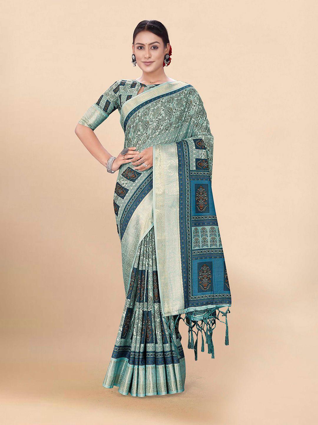 mitera blue & black paisley zari pure cotton saree