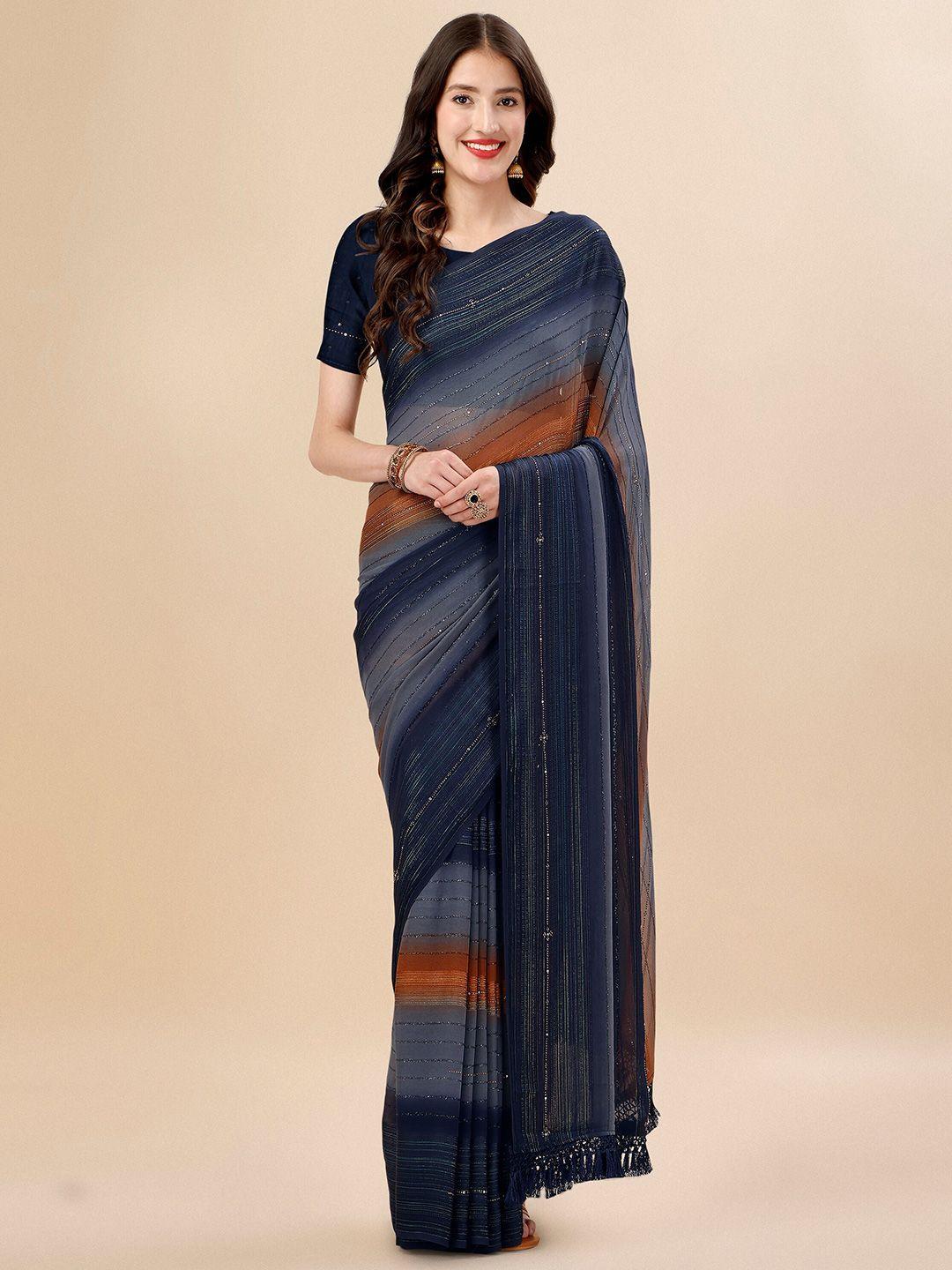 mitera blue & brown striped beads & stone work pure chiffon saree