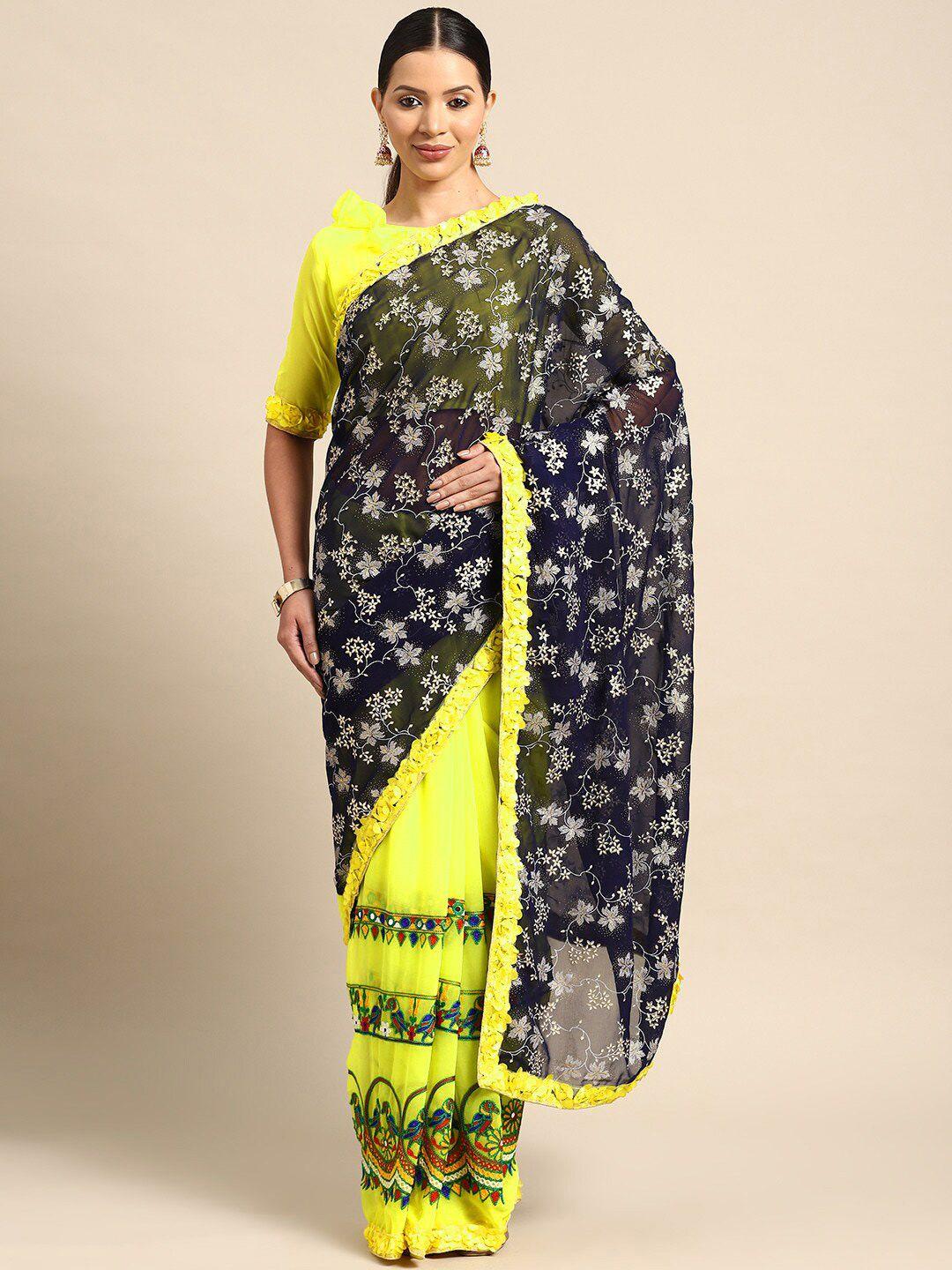 mitera blue & fluorescent green floral embroidered pure georgette saree