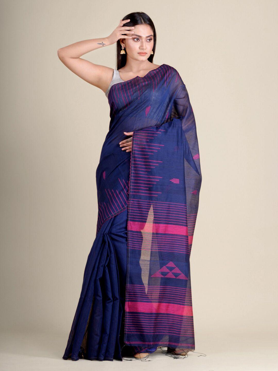 mitera blue & fuchsia handwoven soft blended cotton saree