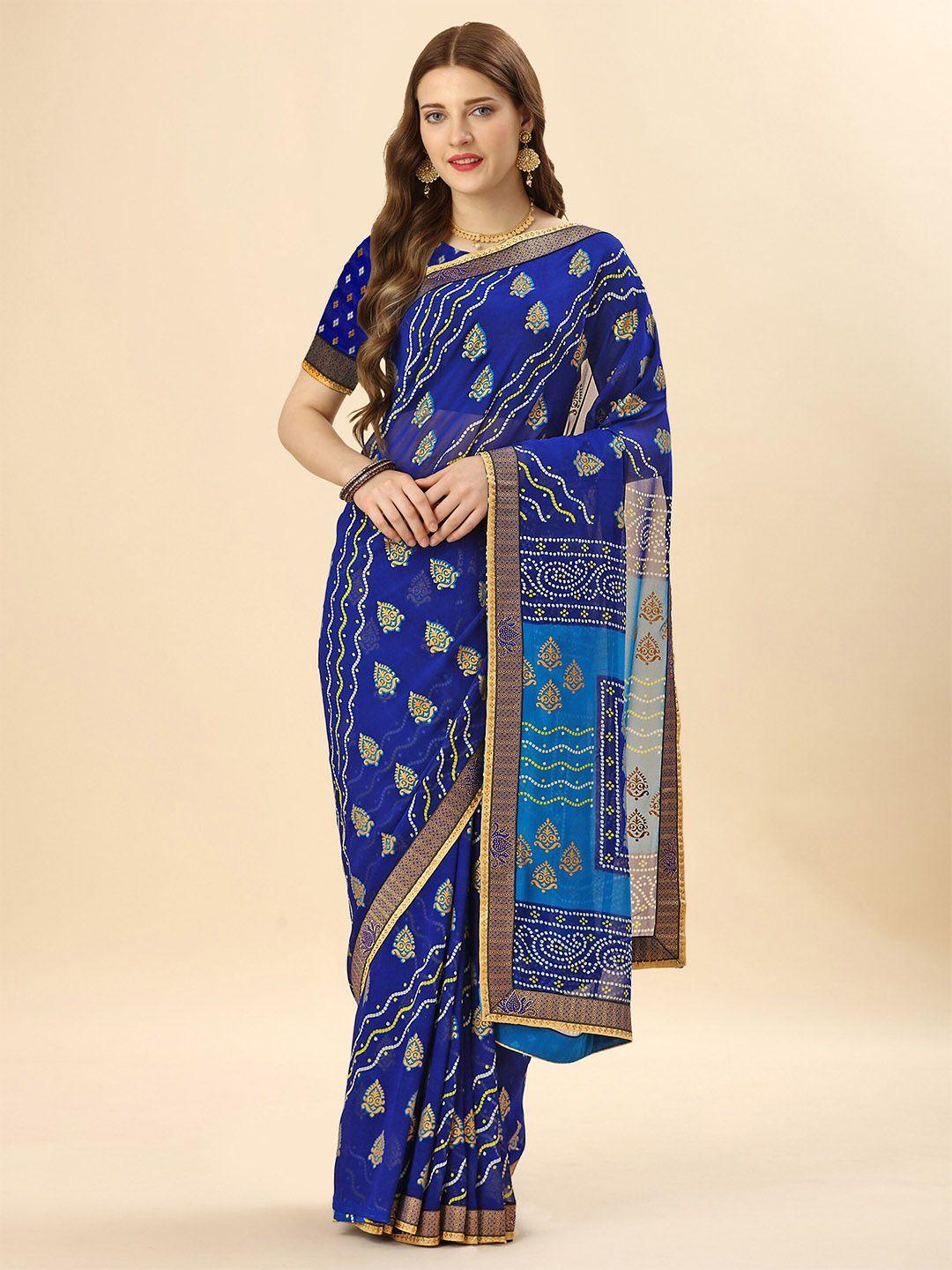 mitera blue & gold-toned ethnic motifs printed saree