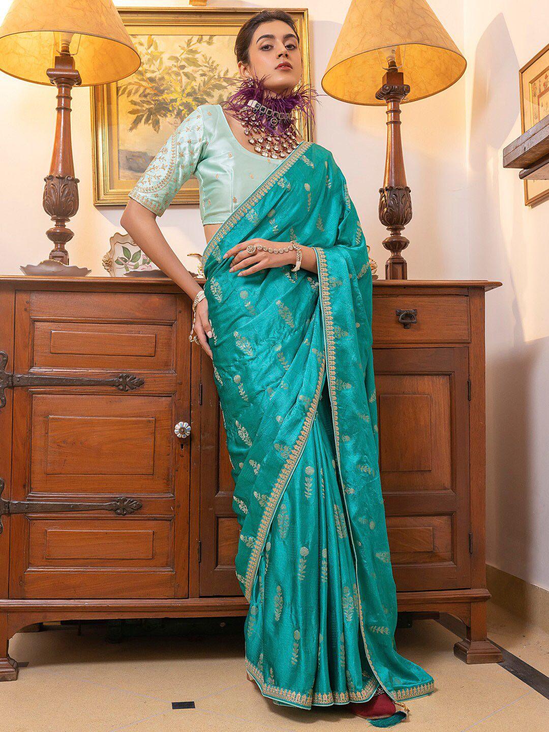 mitera blue & gold toned ethnic motifs sequinned saree