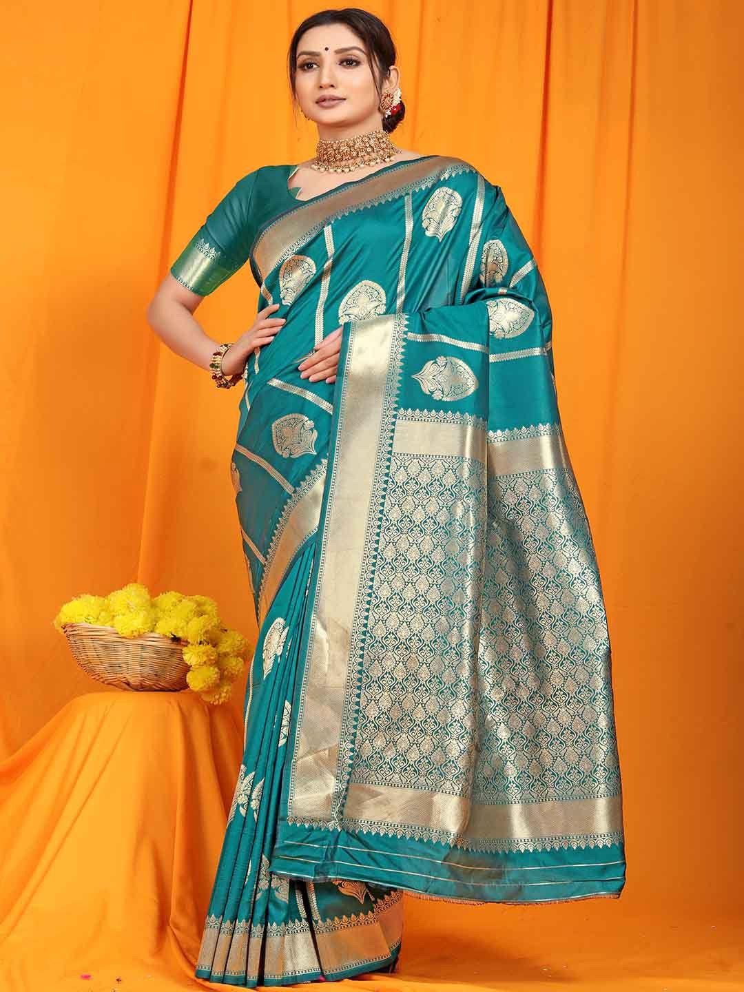 mitera blue & gold-toned ethnic motifs woven design zari art silk saree