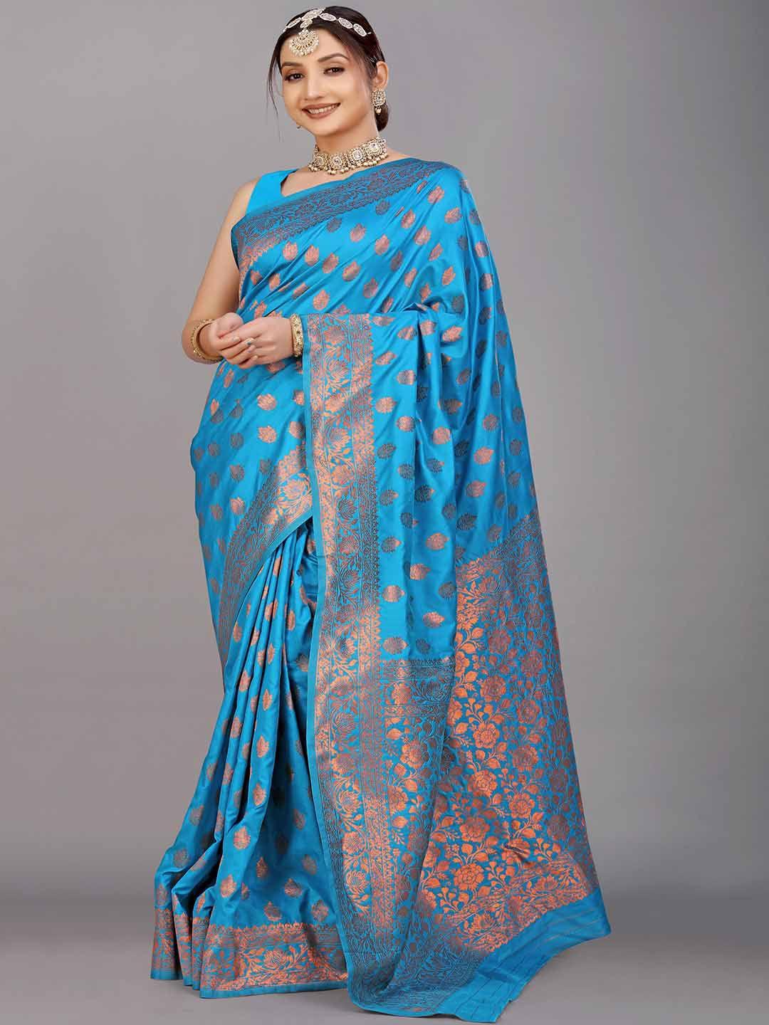 mitera blue & gold-toned ethnic motifs woven design zari saree