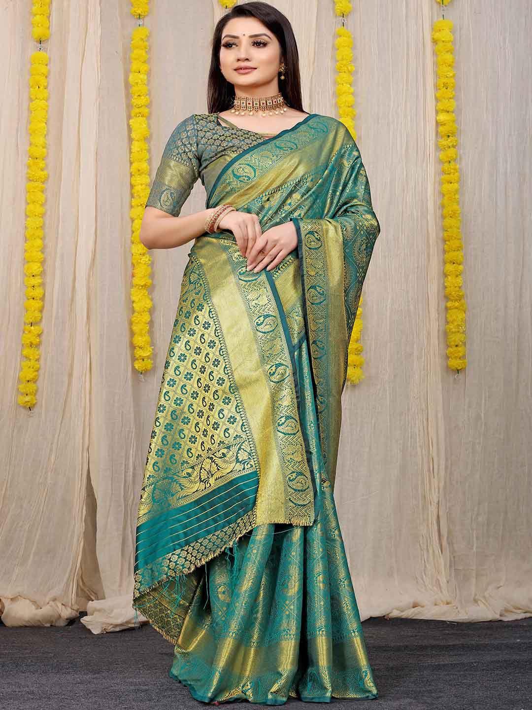 mitera blue & gold-toned ethnic motifs woven design zari saree