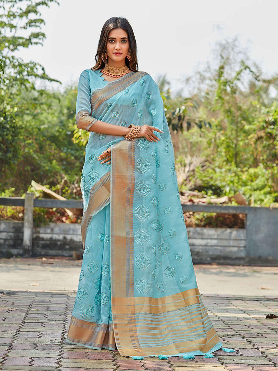 mitera blue & gold-toned ethnic motifs zari pure linen saree