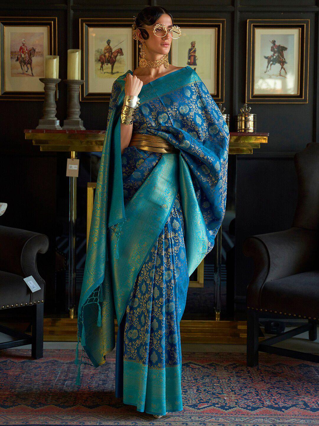 mitera blue & gold-toned ethnic motifs zari silk blend dharmavaram saree