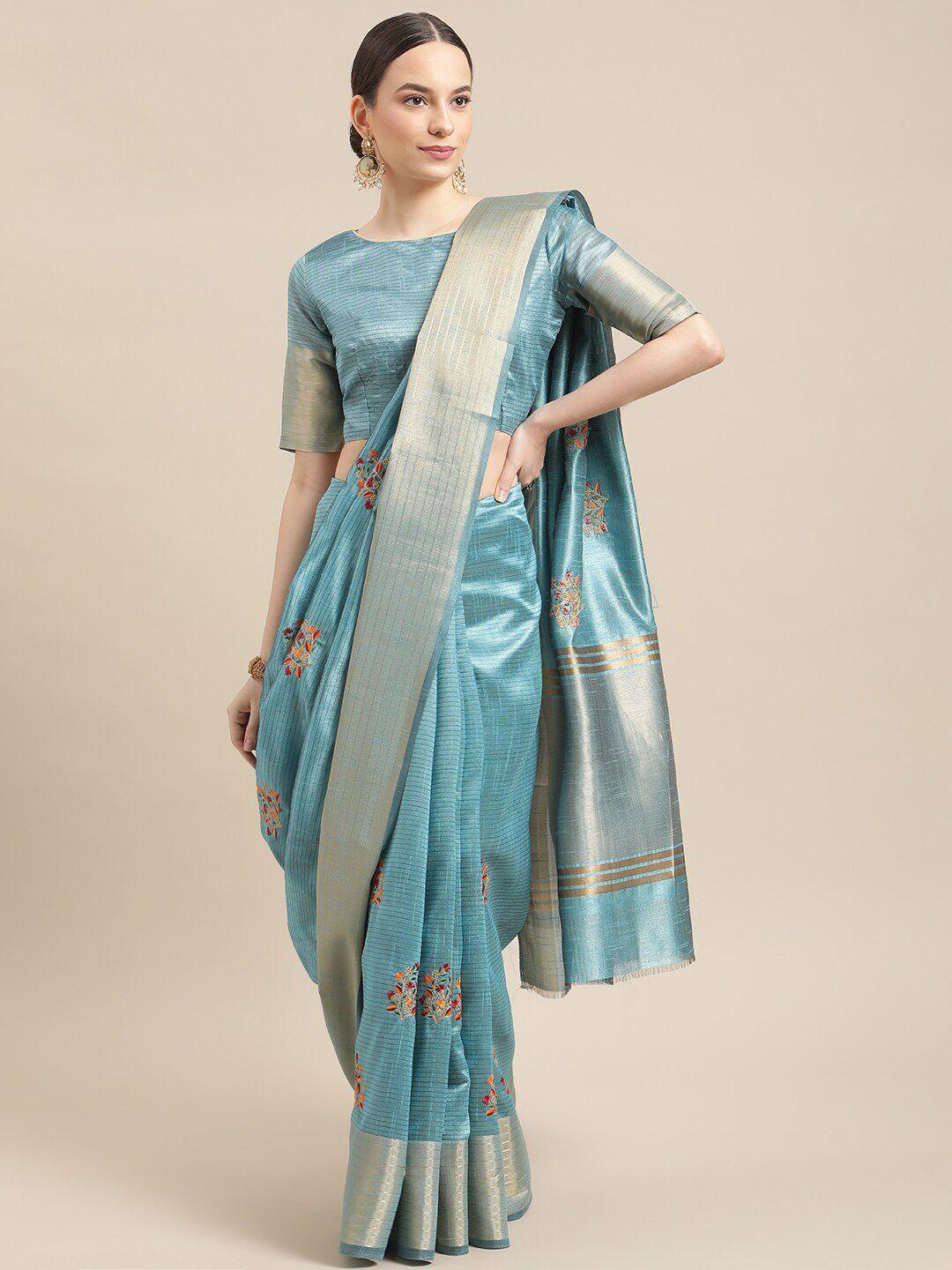mitera blue & gold-toned floral embroidered zari detailed saree